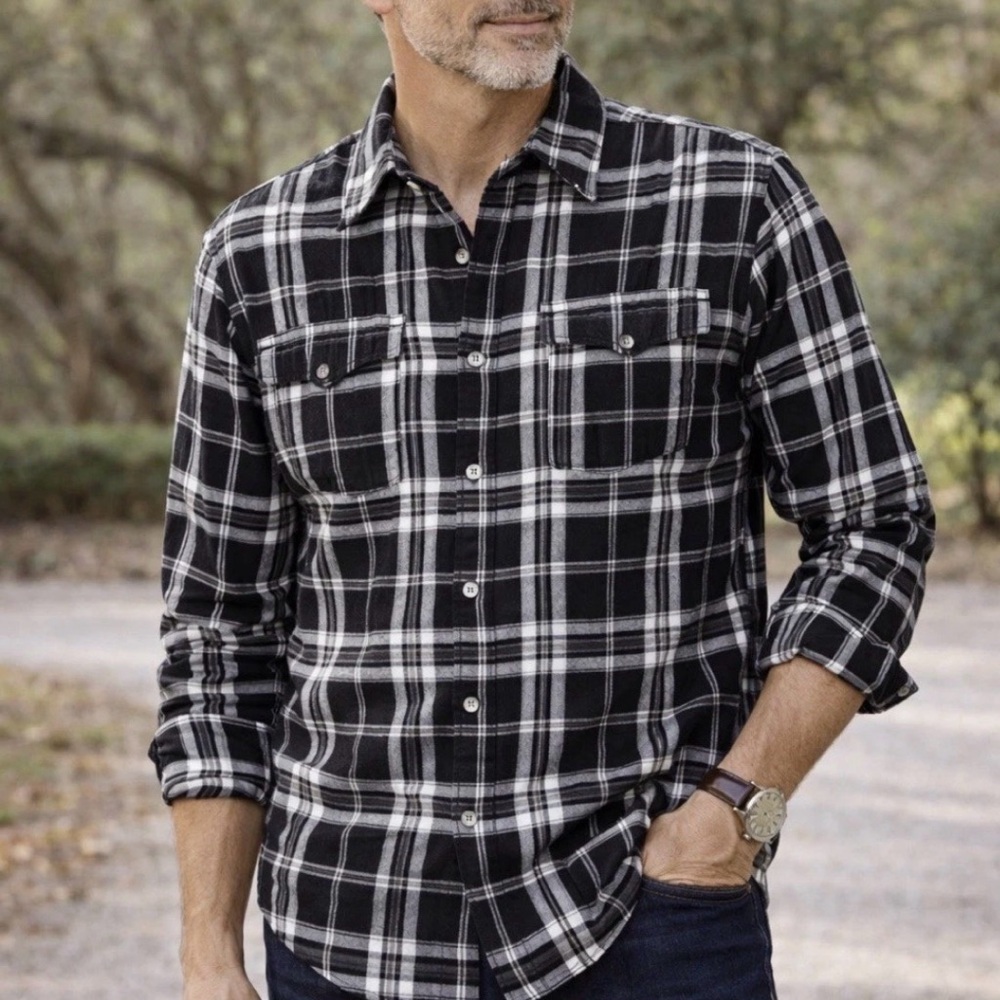 MIHOLL  Boyfriend‎ Plaid Flannel Button Down Shirt Black Excellent!